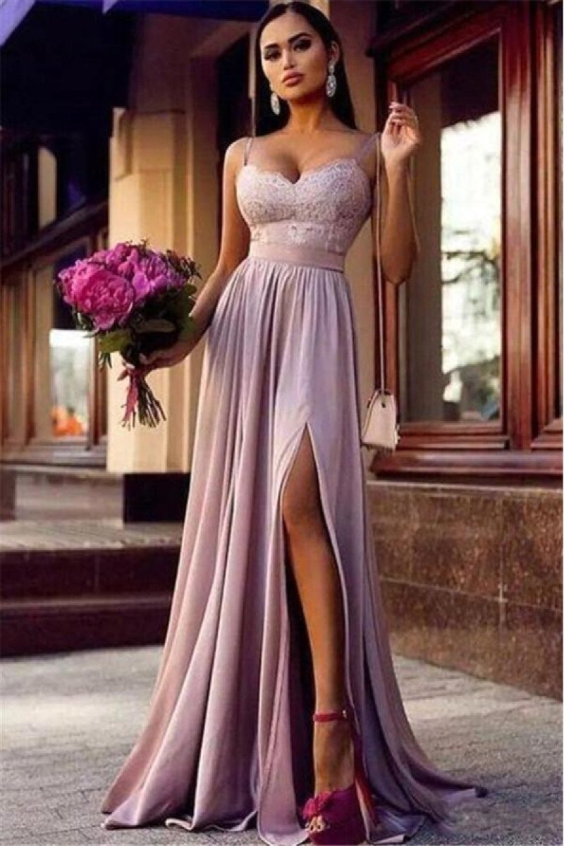 Daphne Chic Lilac Spaghetti Straps Side Slit Sheath Appliques Evening Dresses