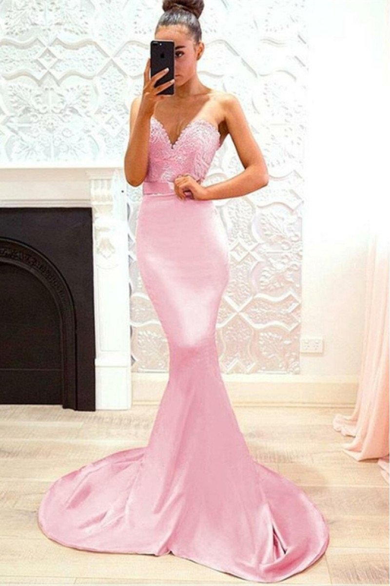 Dawn Lovely Candy Pink Sweetheart Open Back Appliques Mermaid Evening Dresses