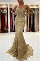 Debby Luxury Gold Lace Spaghetti Straps Backless Mermaid Evening Dresses