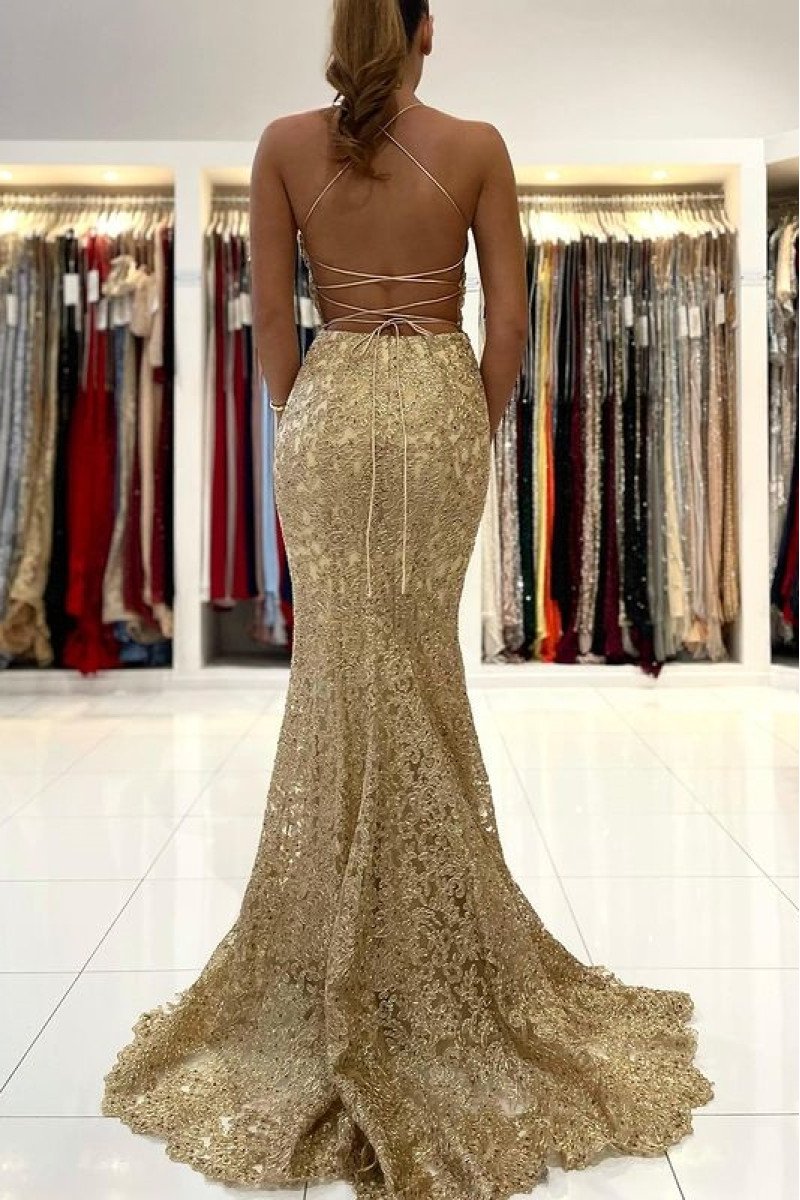 Debby Luxury Gold Lace Spaghetti Straps Backless Mermaid Evening Dresses