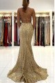 Debby Luxury Gold Lace Spaghetti Straps Backless Mermaid Evening Dresses