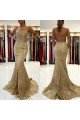 Debby Luxury Gold Lace Spaghetti Straps Backless Mermaid Evening Dresses