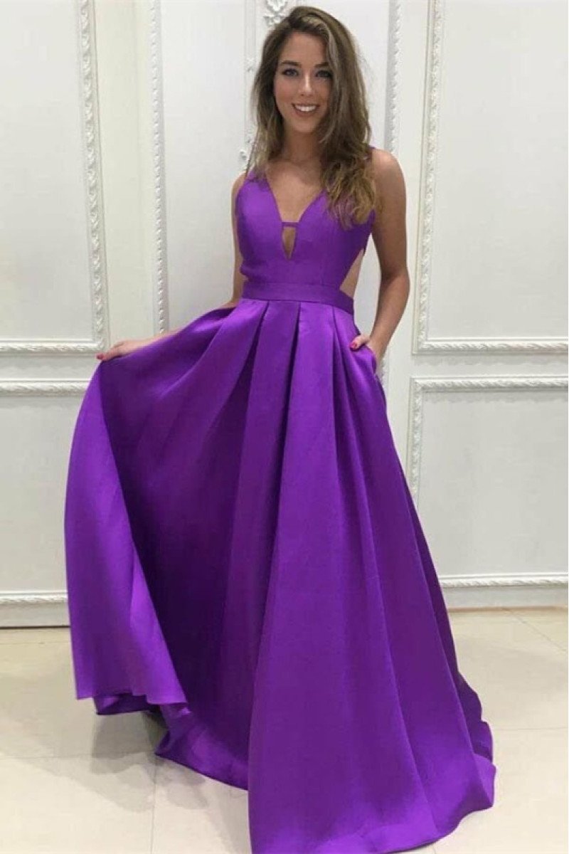 Dolores Elegant Purple V-Neck Open Back A-Line Evening Dresses