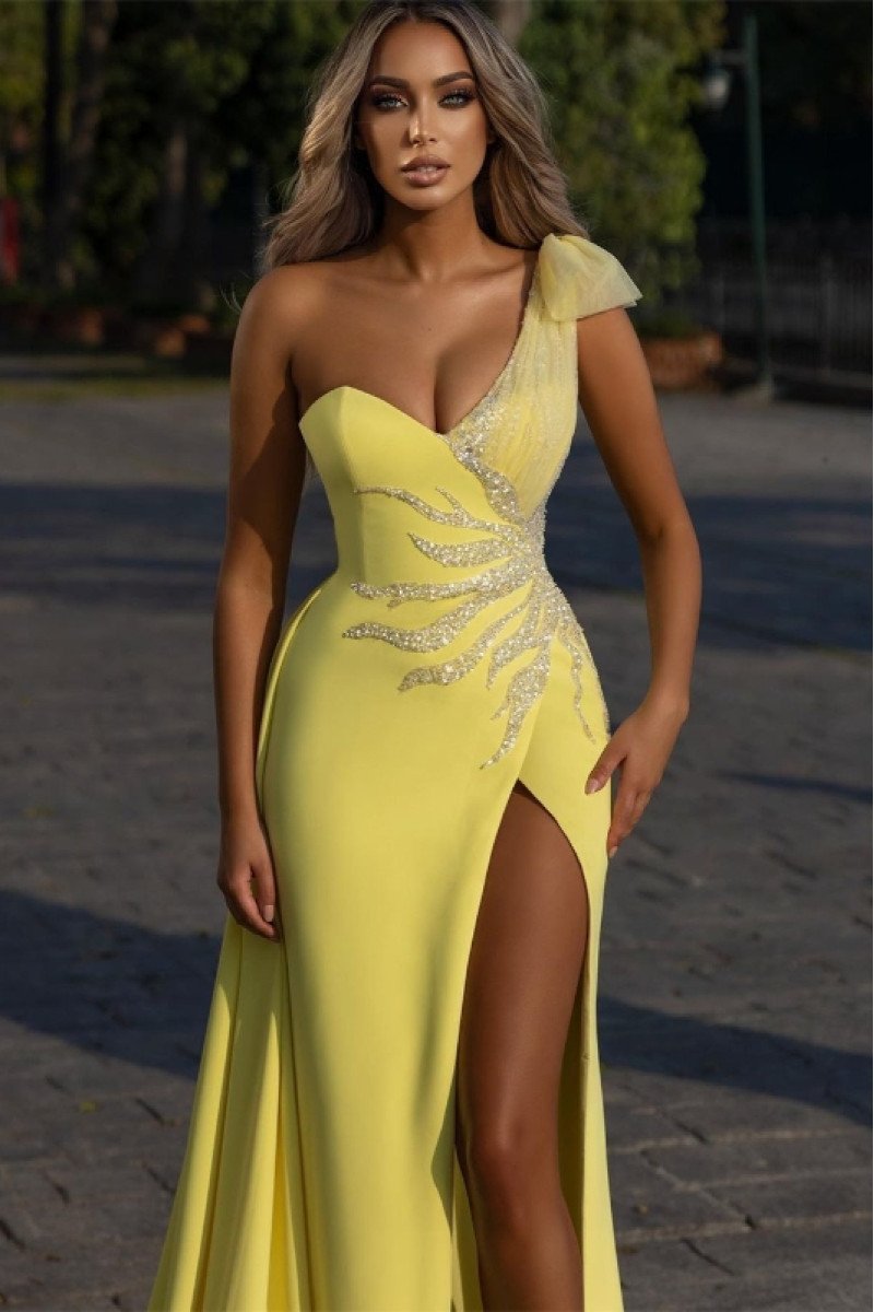 Donna Beautiful Yellow One Shoulder Side Slit Beading Sheath Evening Dresses