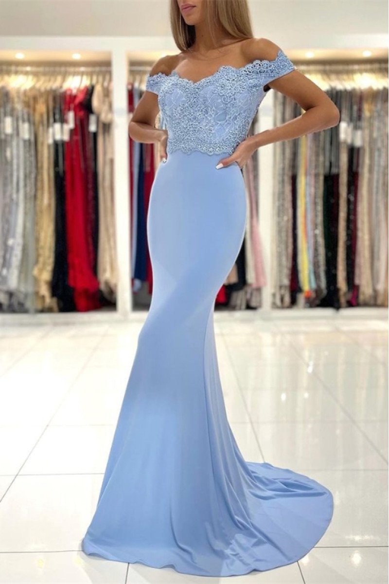 Dora Chic Sky Blue Off Shoulder Appliques Sheath Evening Dresses