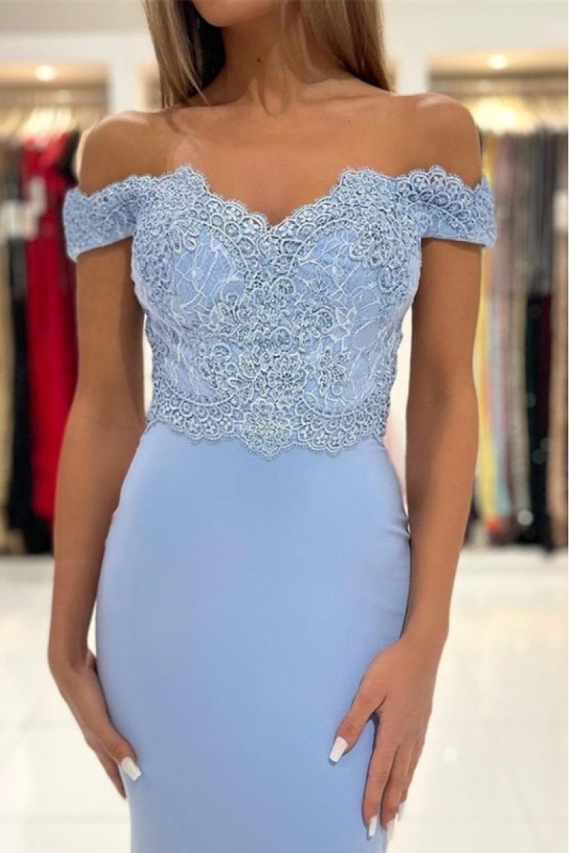 Dora Chic Sky Blue Off Shoulder Appliques Sheath Evening Dresses