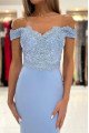 Dora Chic Sky Blue Off Shoulder Appliques Sheath Evening Dresses