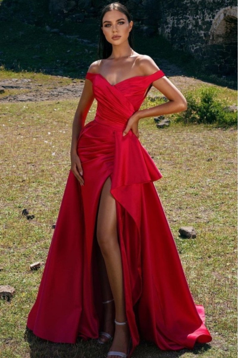 Doris Fashion Red Off Shoulder Side Slit Ruffles A-Line Evening Dresses