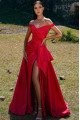 Doris Fashion Red Off Shoulder Side Slit Ruffles A-Line Evening Dresses