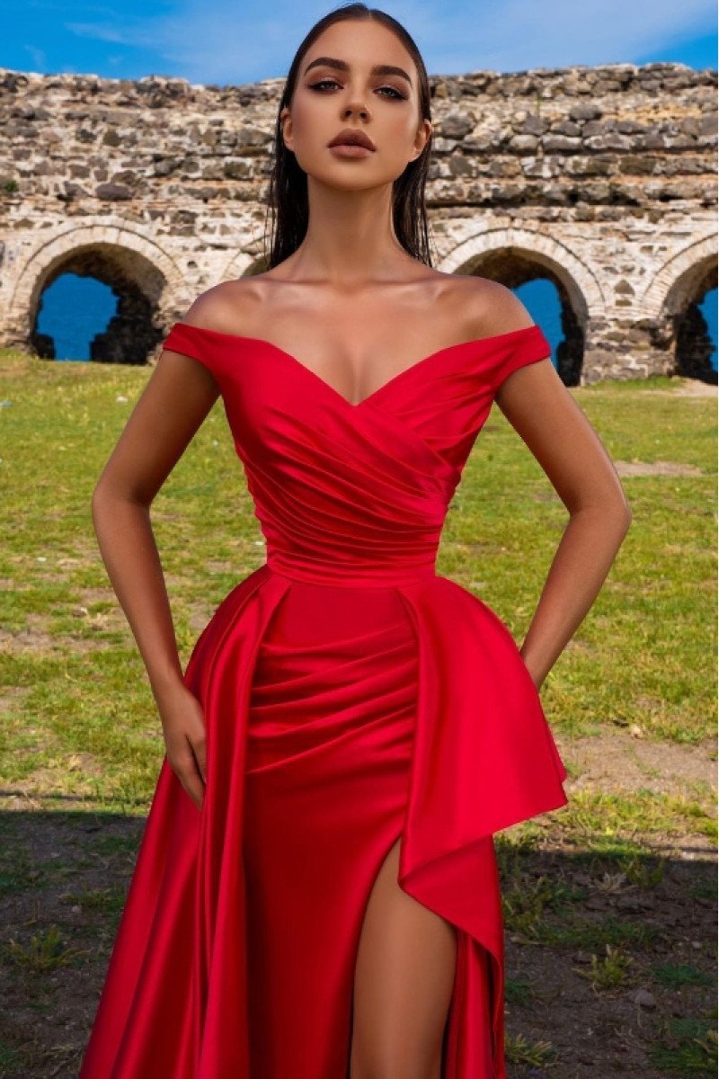 Doris Fashion Red Off Shoulder Side Slit Ruffles A-Line Evening Dresses