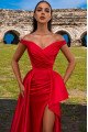 Doris Fashion Red Off Shoulder Side Slit Ruffles A-Line Evening Dresses