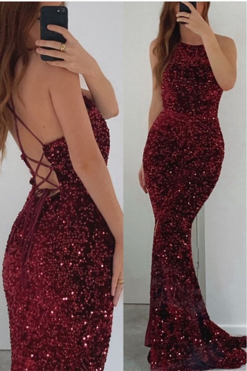 Delia Sexy Burgundy Sequins Halter Open Back Sheath Evening Dresses