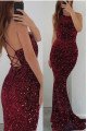 Delia Sexy Burgundy Sequins Halter Open Back Sheath Evening Dresses