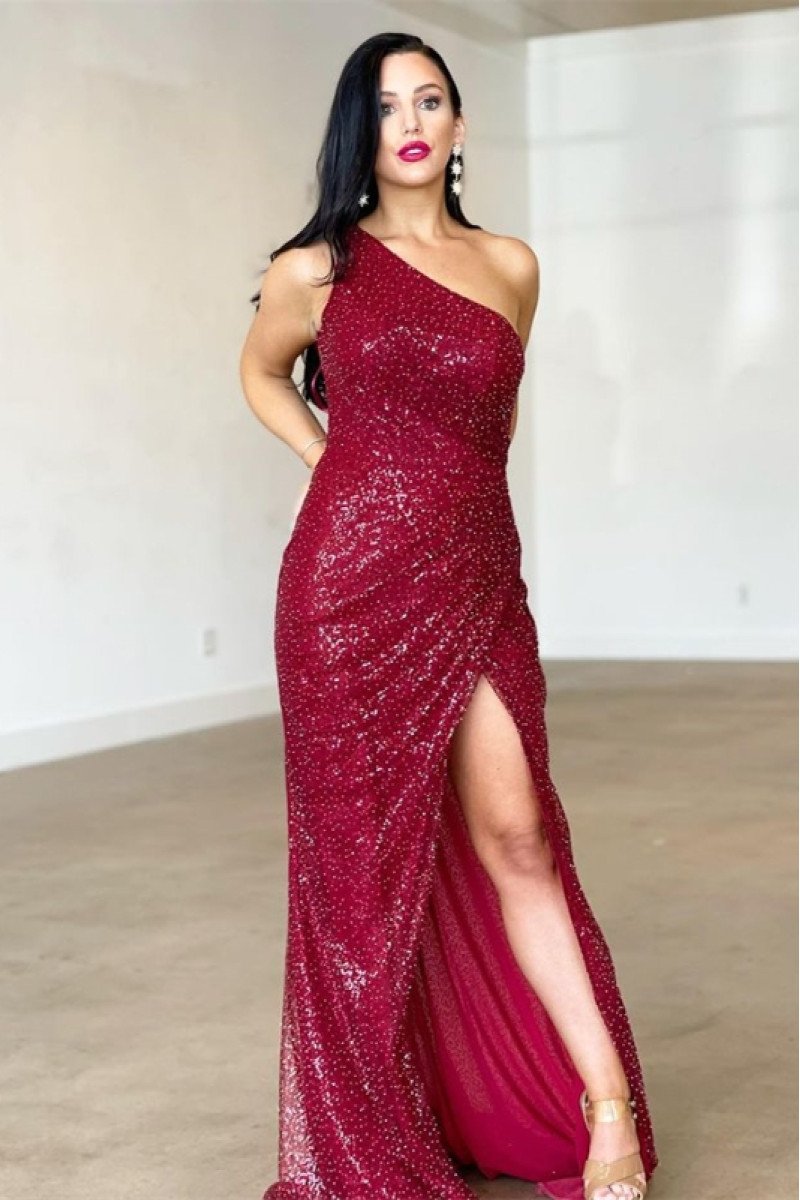 Denise Beautiful Burgundy One Shoulder Side Slit Backless Sequins Sheath Evening Dresses