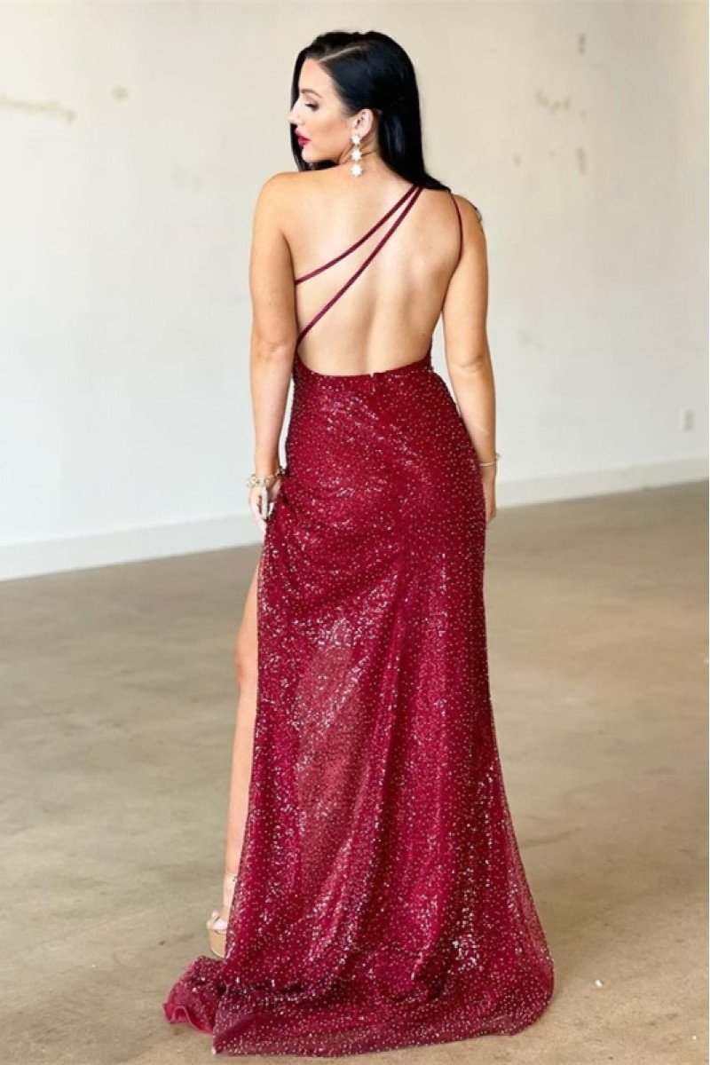 Denise Beautiful Burgundy One Shoulder Side Slit Backless Sequins Sheath Evening Dresses