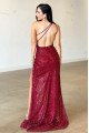 Denise Beautiful Burgundy One Shoulder Side Slit Backless Sequins Sheath Evening Dresses