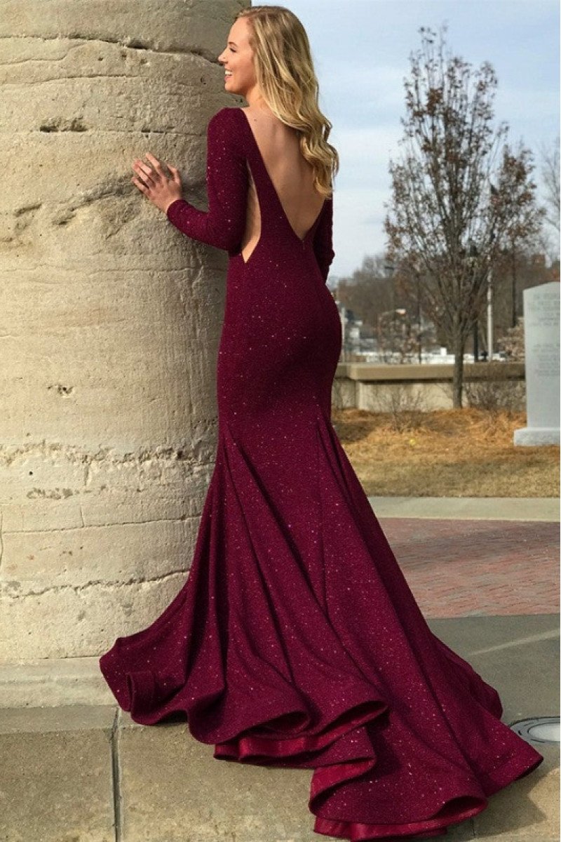 Eden Sparkle Burgundy Jewel Long Sleeves Backless Sequins Sheath Evening Dresses