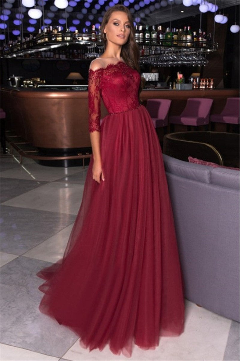 Edwina Elegant Burgundy Appliques Off Shoulder A-Line Evening Dresses