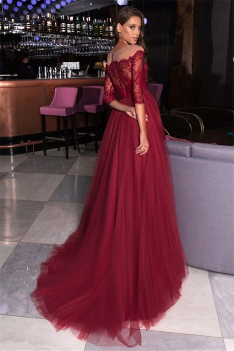 Edwina Elegant Burgundy Appliques Off Shoulder A-Line Evening Dresses