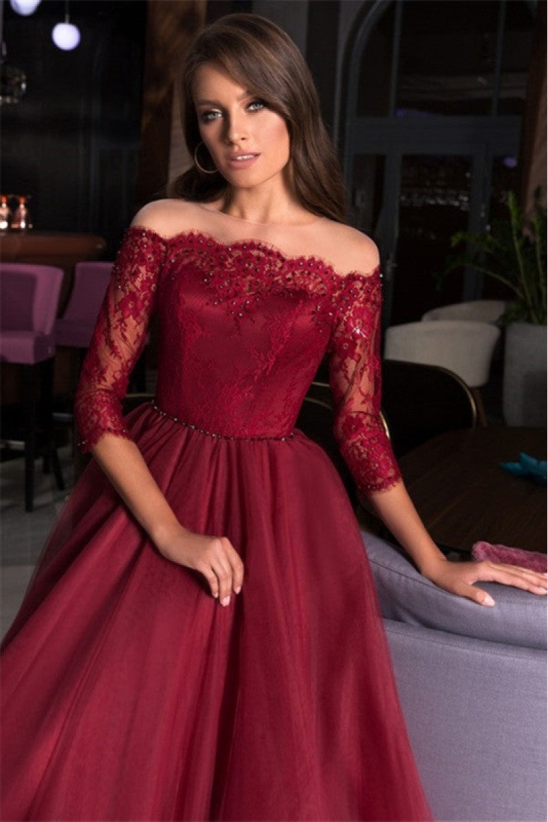 Edwina Elegant Burgundy Appliques Off Shoulder A-Line Evening Dresses