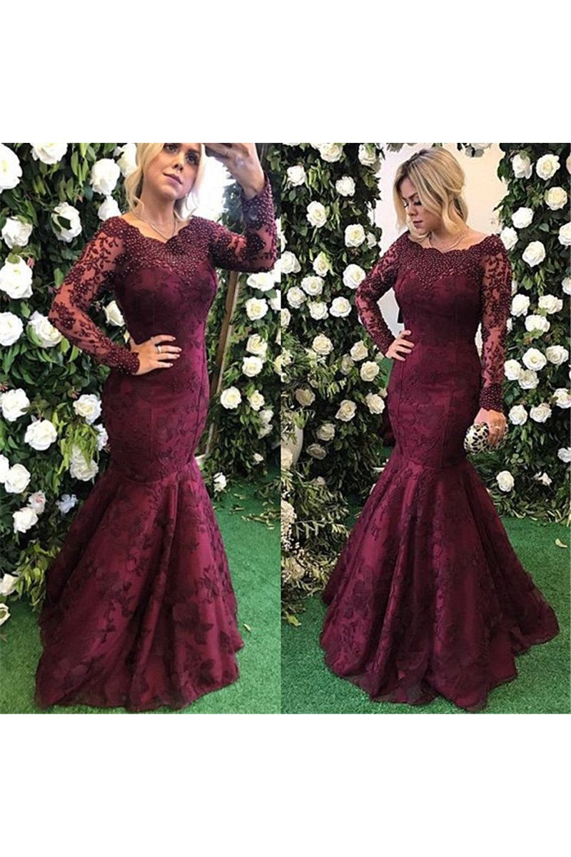 Elaine Mild Grape Off Shoulder Long Sleeves Appliques Mermaid Evening Dresses