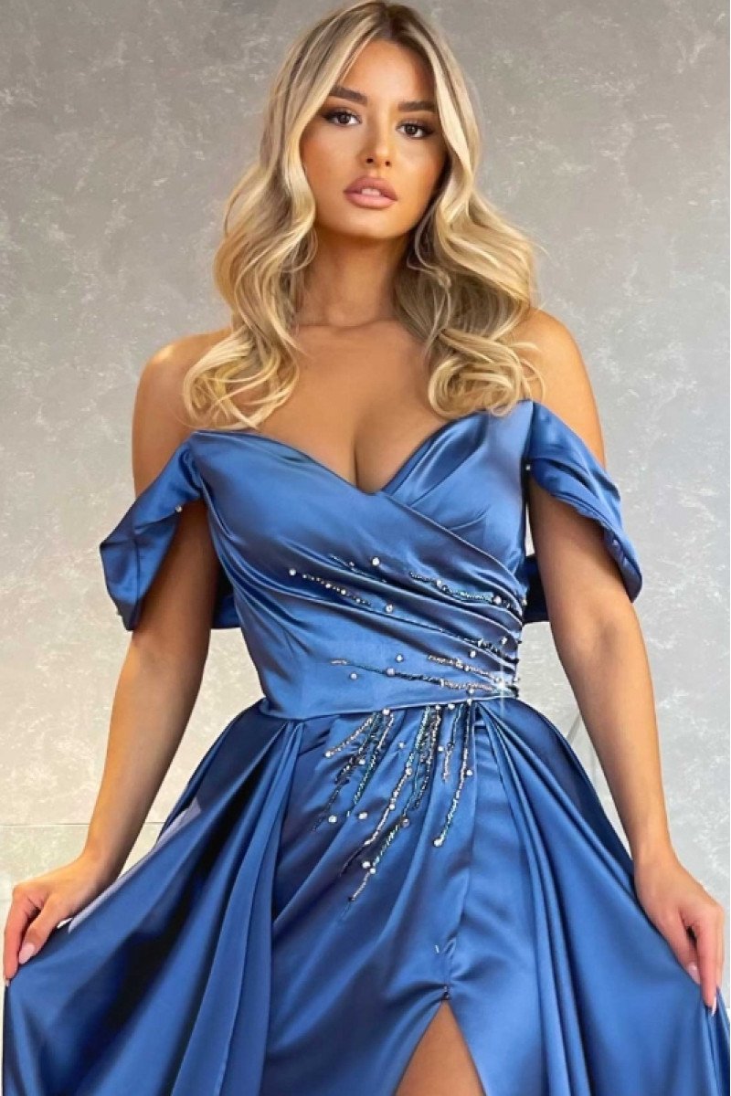 Elizabeth Gentle Blue Off Shoulder Side Slit Beading Sheath Evening Dresses With Panel Train