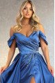 Elizabeth Gentle Blue Off Shoulder Side Slit Beading Sheath Evening Dresses With Panel Train