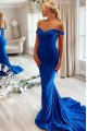 Elsie Great Blue Off Shoulder Open Back Sheath Evening Dresses With Court Train