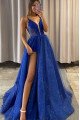 Elva Fancy Blue Spaghetti Straps Side Slit A-Lien Evening Dresses With Appliques