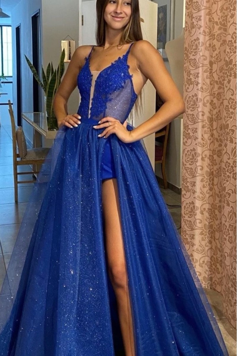 Elva Fancy Blue Spaghetti Straps Side Slit A-Lien Evening Dresses With Appliques