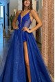 Elva Fancy Blue Spaghetti Straps Side Slit A-Lien Evening Dresses With Appliques