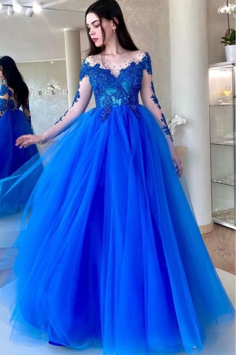 Elvira Lovely Blue Off Shoulder Long Sleeves Appliques A-Line Evening Dresses