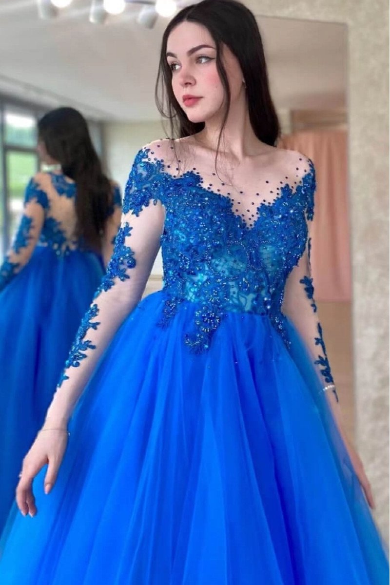 Elvira Lovely Blue Off Shoulder Long Sleeves Appliques A-Line Evening Dresses