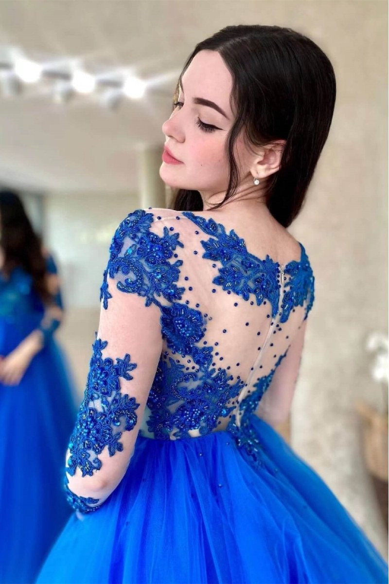 Elvira Lovely Blue Off Shoulder Long Sleeves Appliques A-Line Evening Dresses