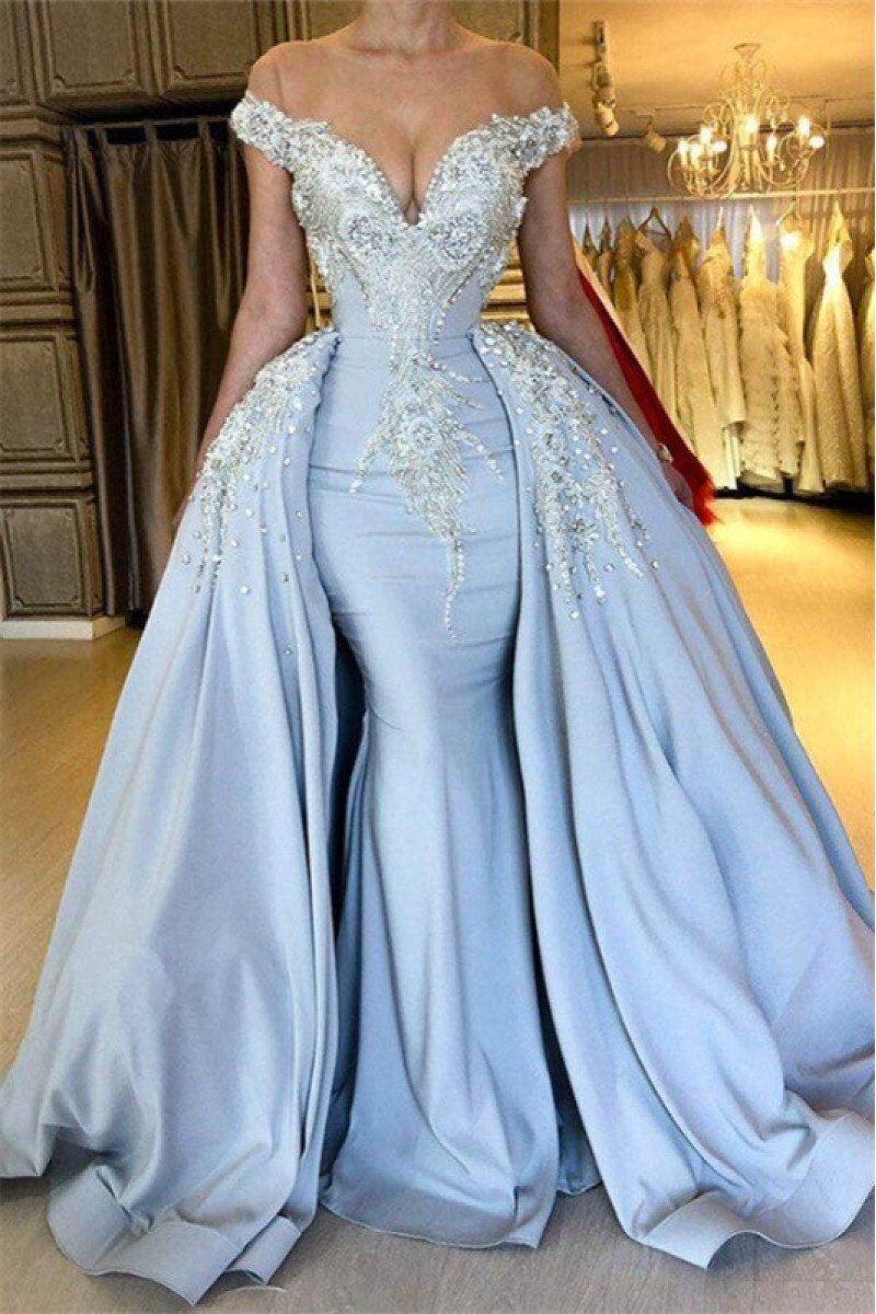 Emma Chic Sky Blue Off Shoulder Beading Sheath Evening Dresses With Panel Train