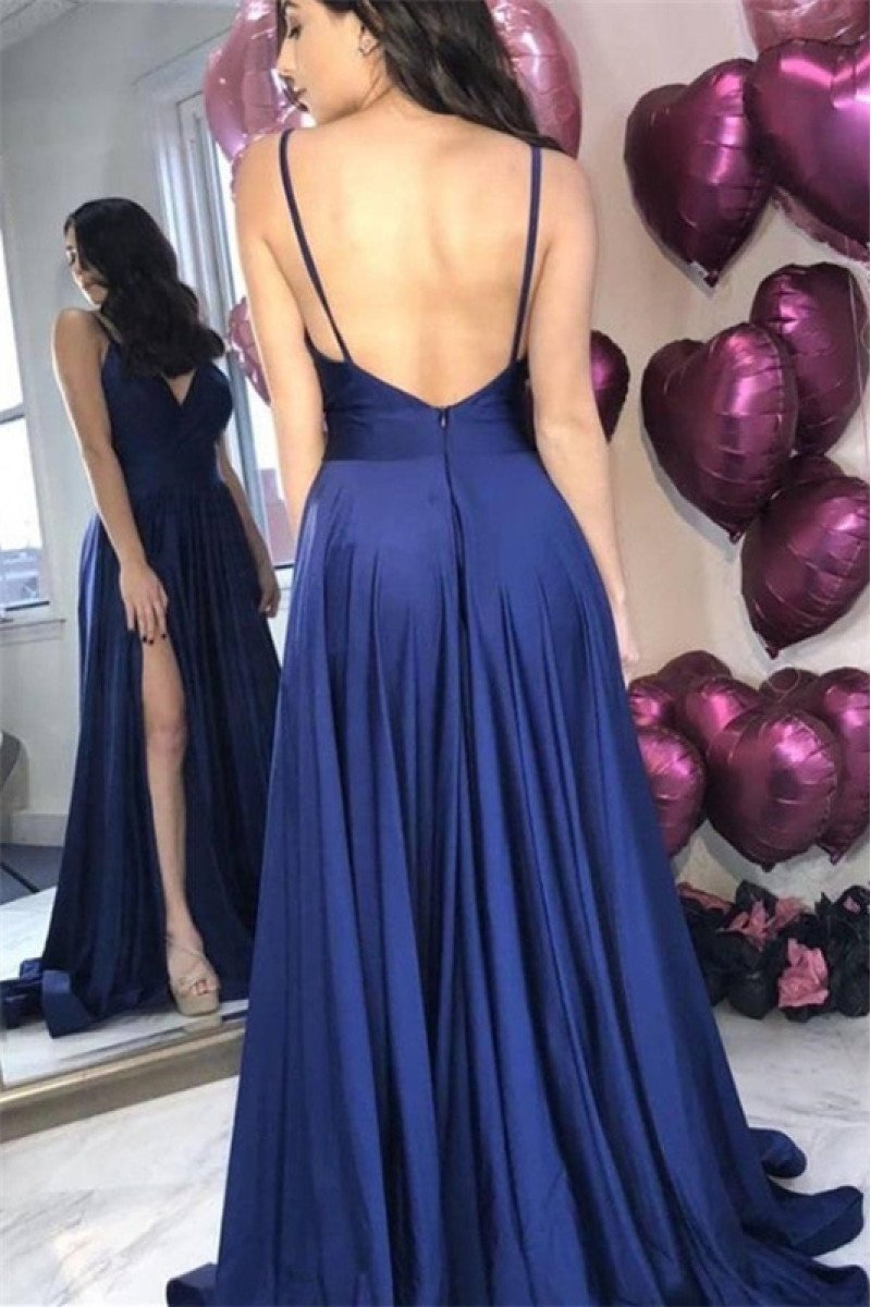 Enid Simple Dark Navy Spaghetti Straps Backless Side Slit Sheath Evening Dresses