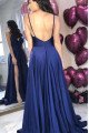 Enid Simple Dark Navy Spaghetti Straps Backless Side Slit Sheath Evening Dresses