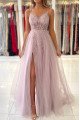 Esther Lovely Dusty Pink Spaghetti Straps Side Slit Beading Sheath Evening Dresses