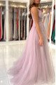 Esther Lovely Dusty Pink Spaghetti Straps Side Slit Beading Sheath Evening Dresses