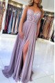 Eudora Gentle Lilac Spaghetti Straps Side Slit Appliques Sheath Evening Dresses