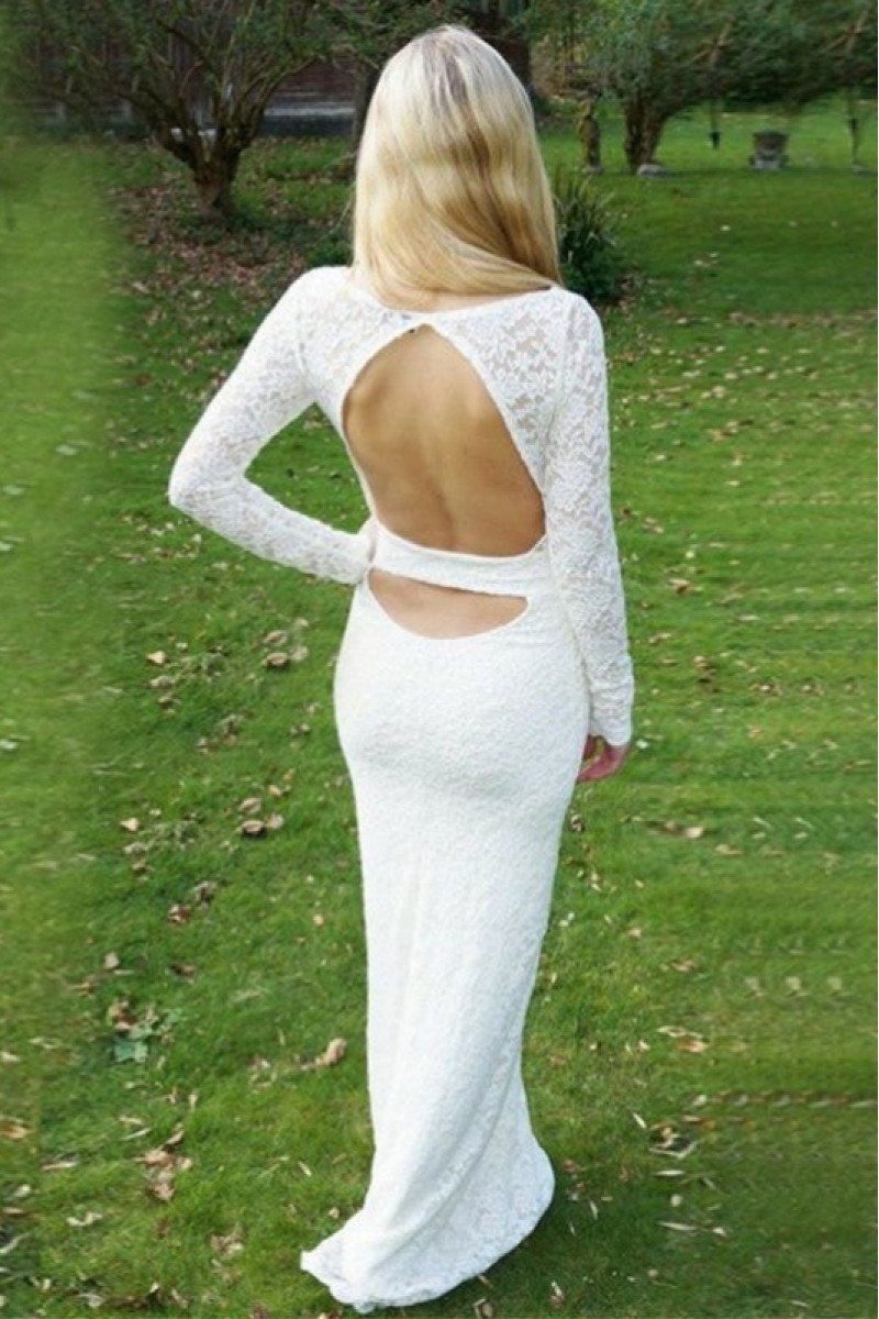 Eve Simple White Lace Jewel Long Sleeves Sheath Evening Dresses