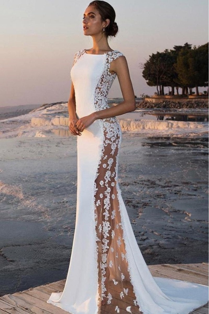 Faithe Gentle White Jewel Court Train Sheath Evening Dresses With Appliques