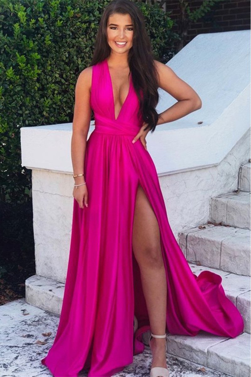 Evangeline Simple Fuchsia V-Neck Open Back Side Slit A-Lien Evening Dresses