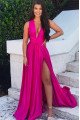 Evangeline Simple Fuchsia V-Neck Open Back Side Slit A-Lien Evening Dresses