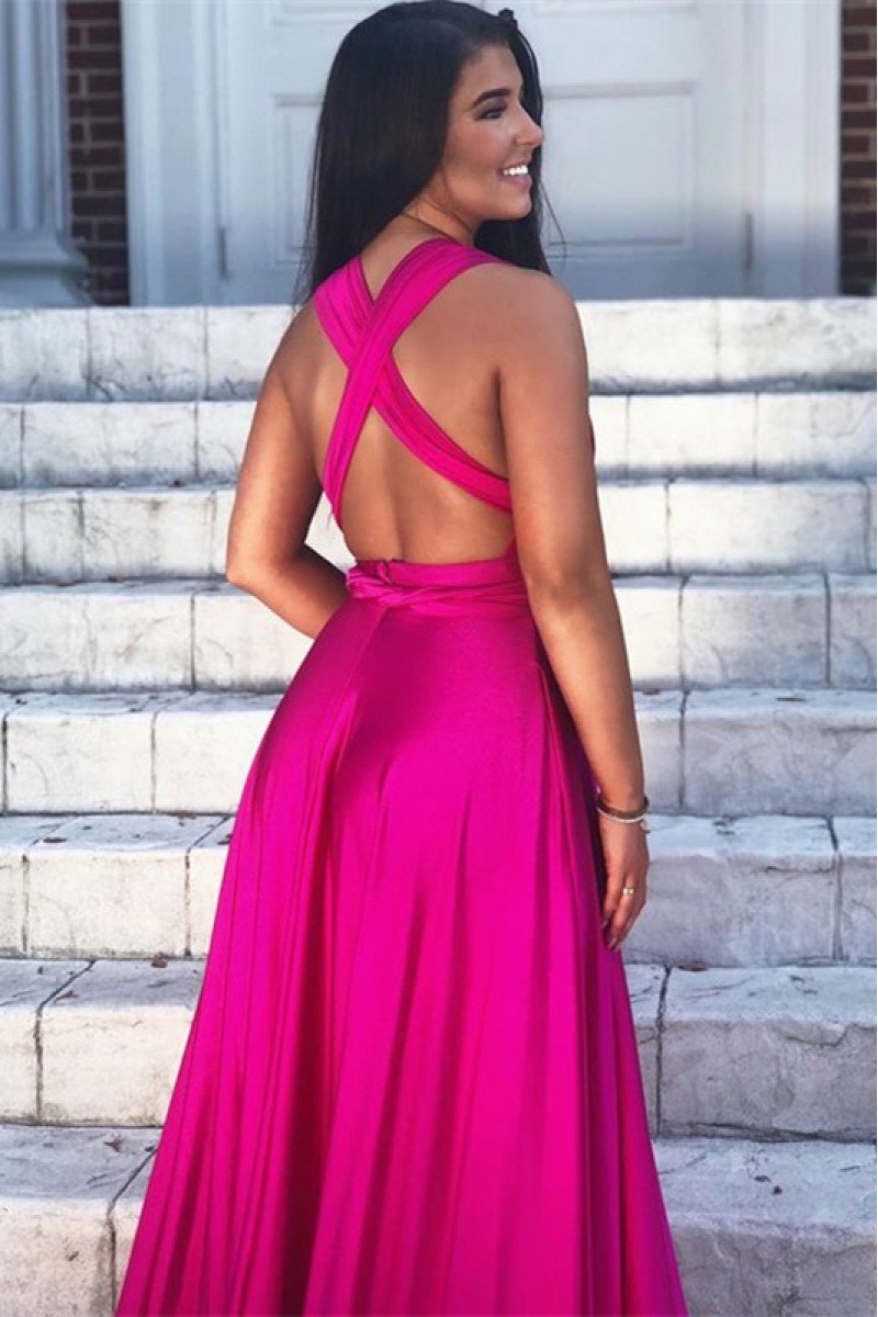 Evangeline Simple Fuchsia V-Neck Open Back Side Slit A-Lien Evening Dresses