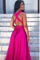 Evangeline Simple Fuchsia V-Neck Open Back Side Slit A-Lien Evening Dresses