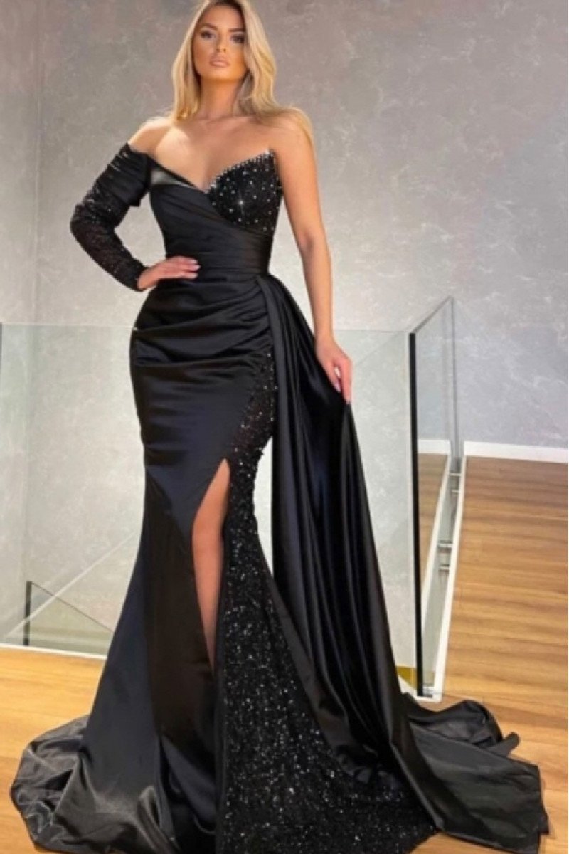 Eve Beautiful Black Sweetheart Side Slit Beading Sheath Evening Dresses With Panel Train