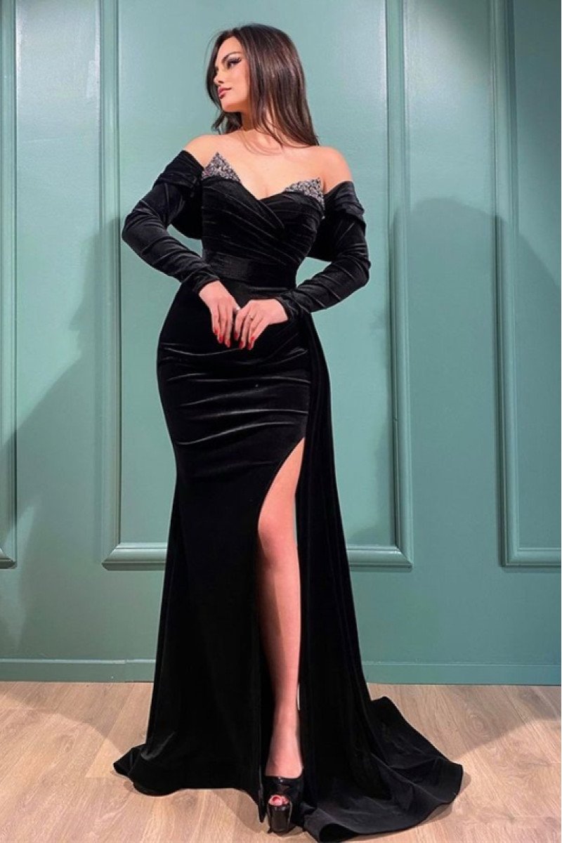 Evelyn Gentle Black Velvet Off Shoulder Long Sleeves Beading Sheath Evening Dresses