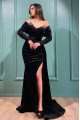 Evelyn Gentle Black Velvet Off Shoulder Long Sleeves Beading Sheath Evening Dresses