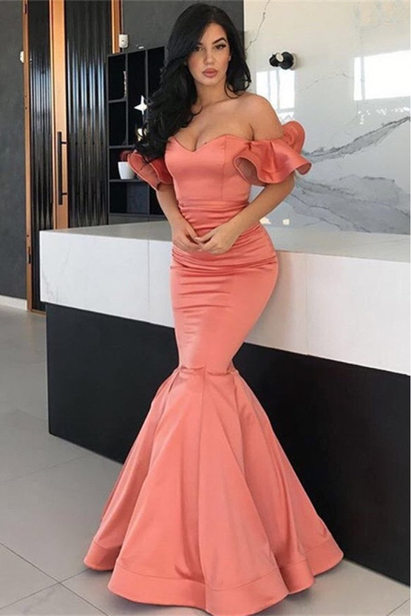 Faith Beautiful Coral Off Shoulder Mermaid Evening Dresses